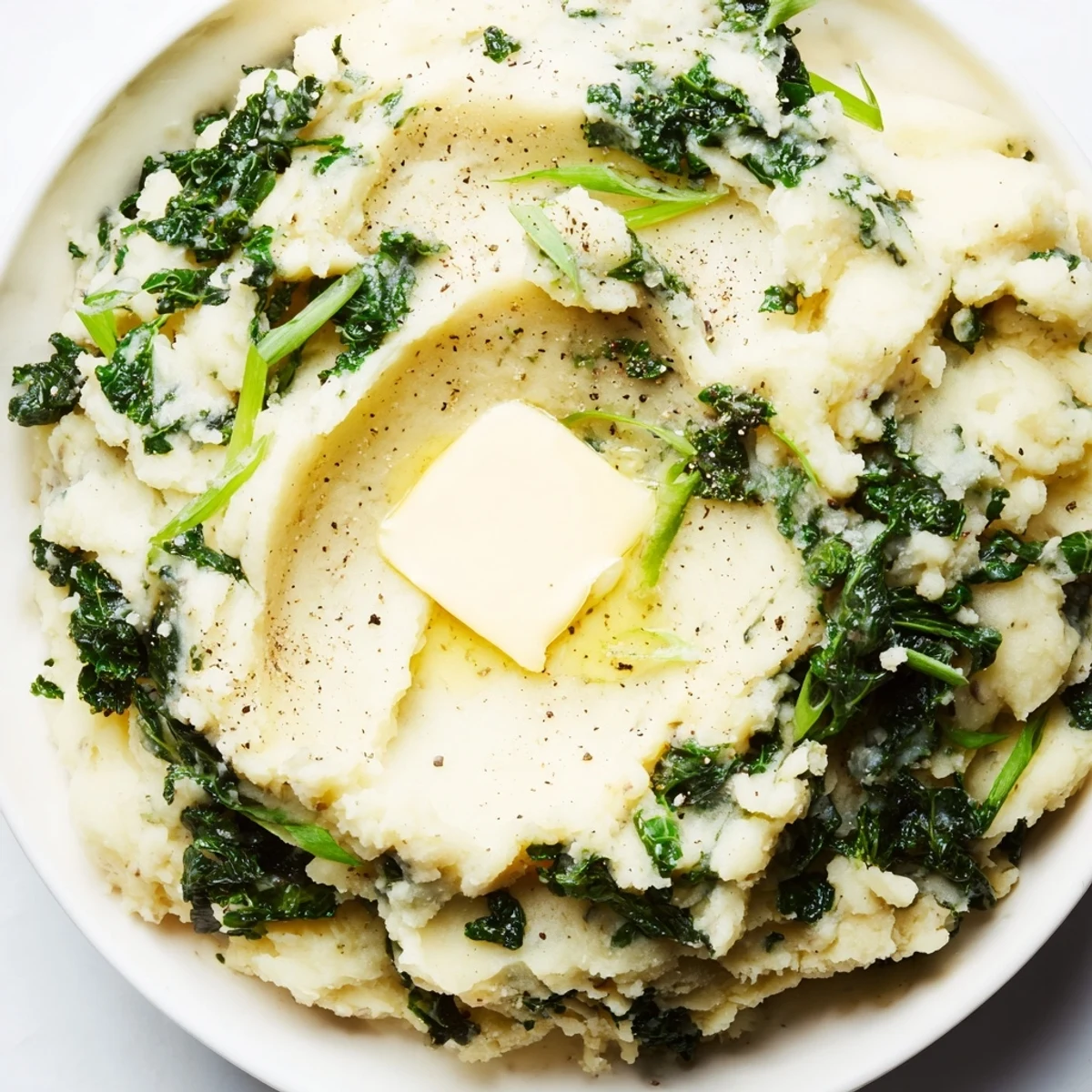 Hearty Irish Colcannon with Kale and Butter in a rustic dish, offering a comforting, warm side for a family dinner.