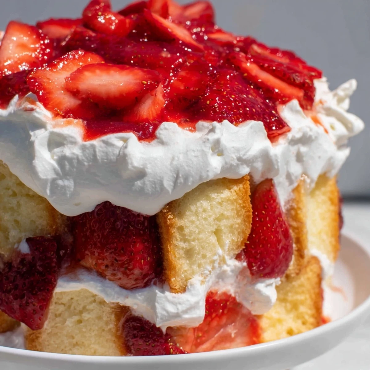 Golden shortcake pieces layered with macerated strawberries and freshly whipped cream in a glass trifle dish.