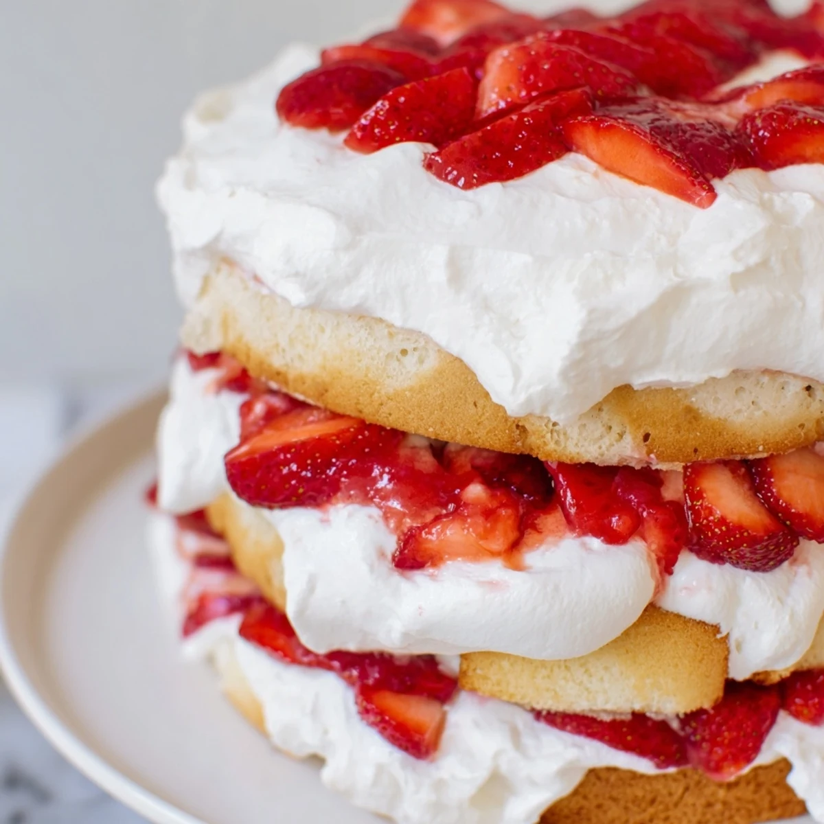 A close-up of Strawberry Shortcake Trifle with billowy whipped cream and vibrant strawberries in a clear bowl.