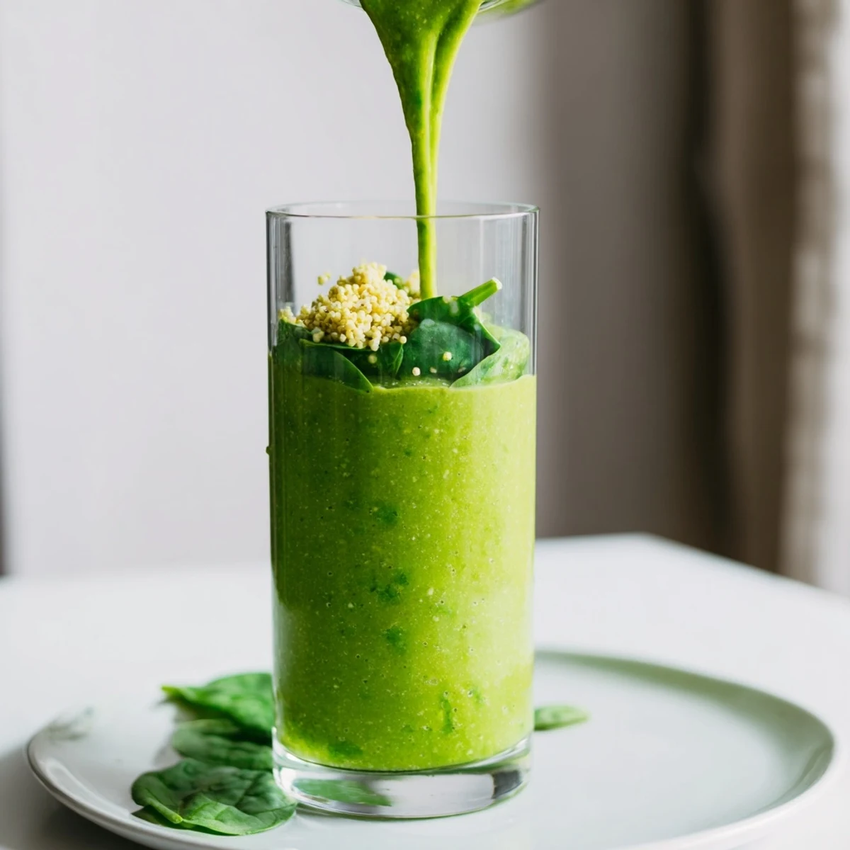 A glass of Green Detox Smoothie with Ginger topped with chia seeds, garnished with a lime slice on a wooden table.