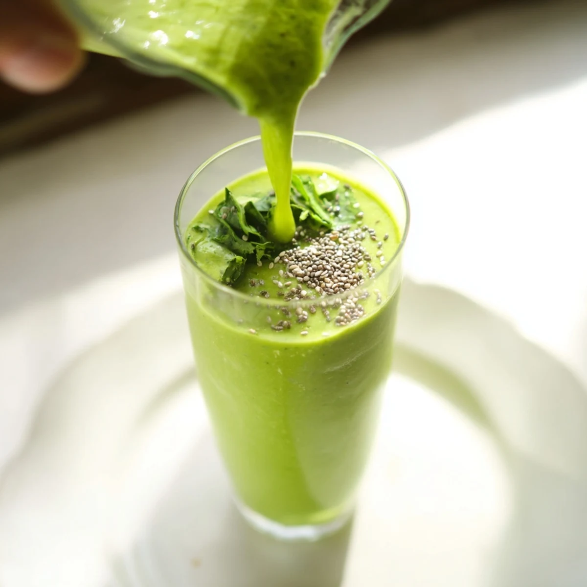Serving suggestion for Green Detox Smoothie with Ginger poured into a mason jar, surrounded by fresh ginger and lemon.
