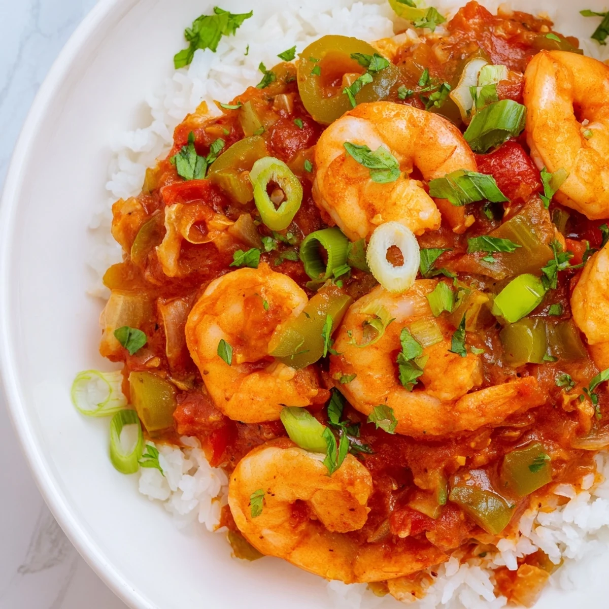 Close-up of Mardi Gras Shrimp Creole served over fluffy white rice, garnished with fresh parsley and green onions.