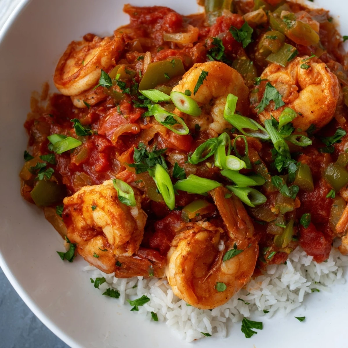 Spicy tomato-based Mardi Gras Shrimp Creole simmering in a skillet with diced bell peppers and onions for a festive main dish.