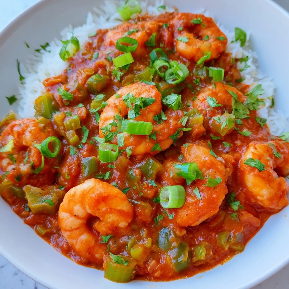 A vibrant bowl of Mardi Gras Shrimp Creole, featuring tender shrimp in a rich Louisiana sauce, perfect for a pescatarian meal.
