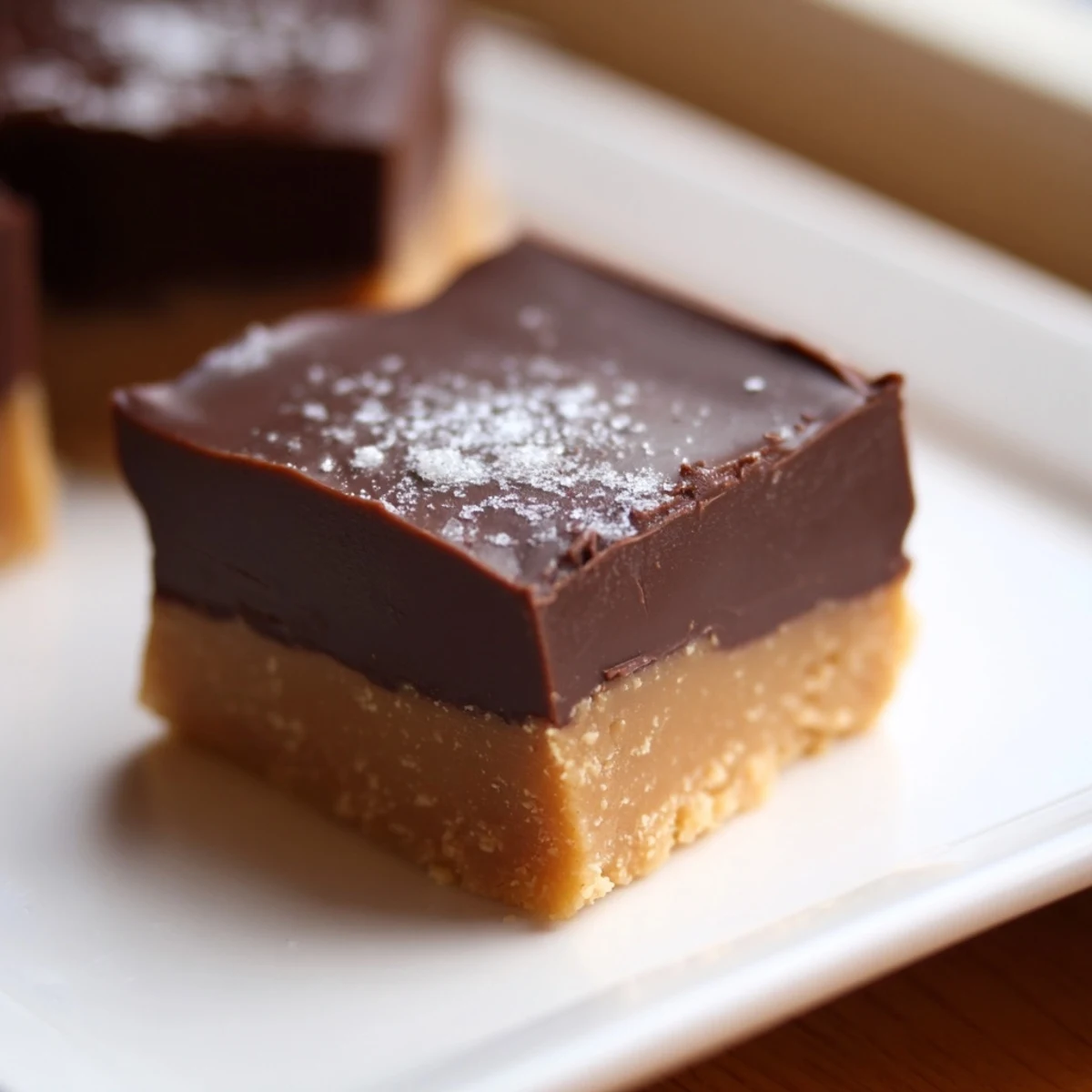 Rich, creamy Chocolate Peanut Butter Fudge Squares stacked on a rustic wooden cutting board for a sweet dessert treat.