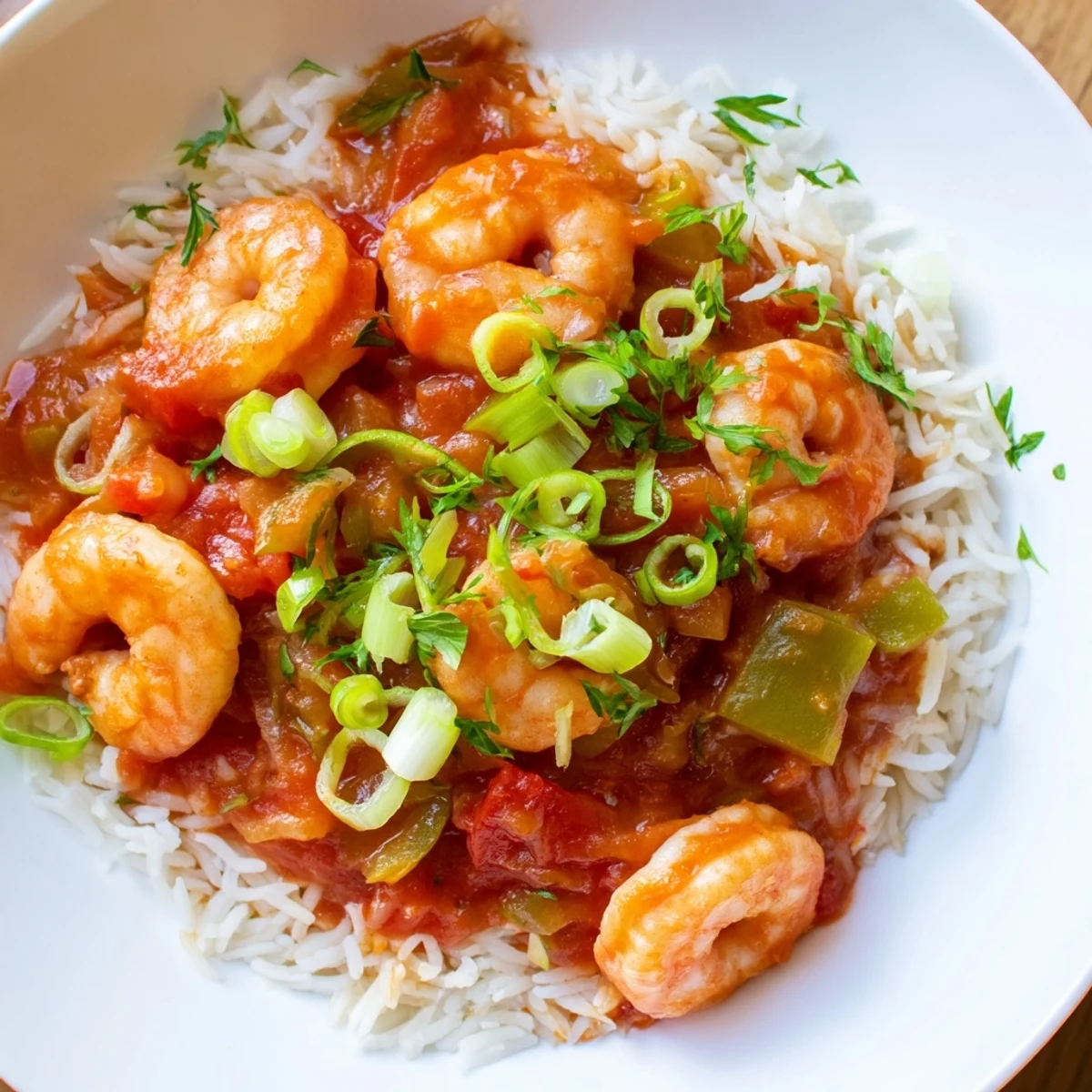 A close-up of Mardi Gras Shrimp Creole with Rice, featuring plump pink shrimp nestled in a chunky Creole sauce.