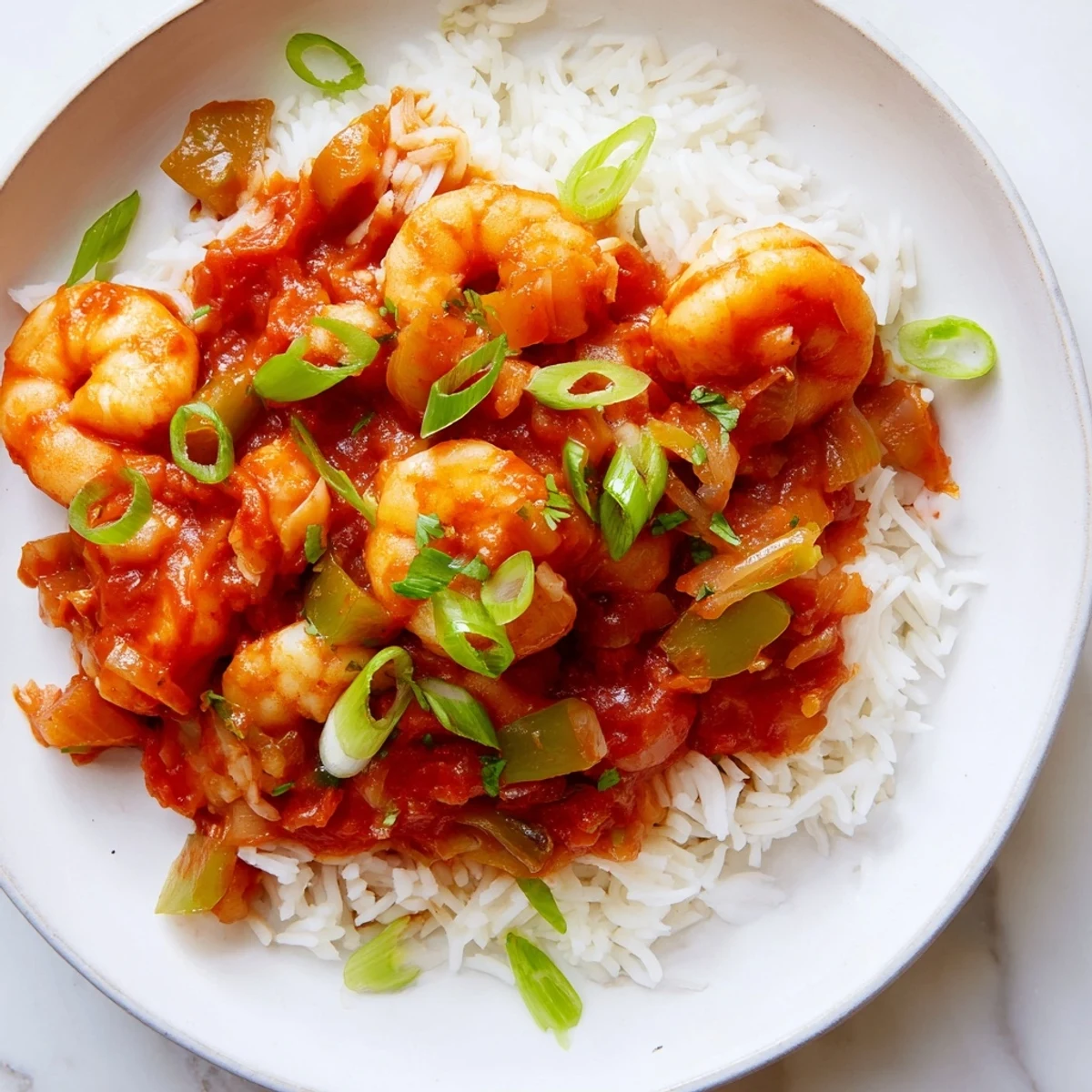 Warm and inviting bowl of Mardi Gras Shrimp Creole with Rice served over fluffy white rice, ready to enjoy.