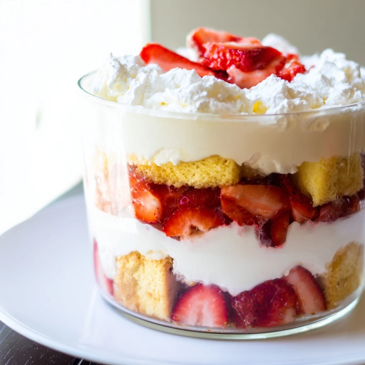 In a clear glass bowl, layers of Strawberry Shortcake Trifle with Custard, shortcake, fresh strawberries, and fluffy whipped cream.