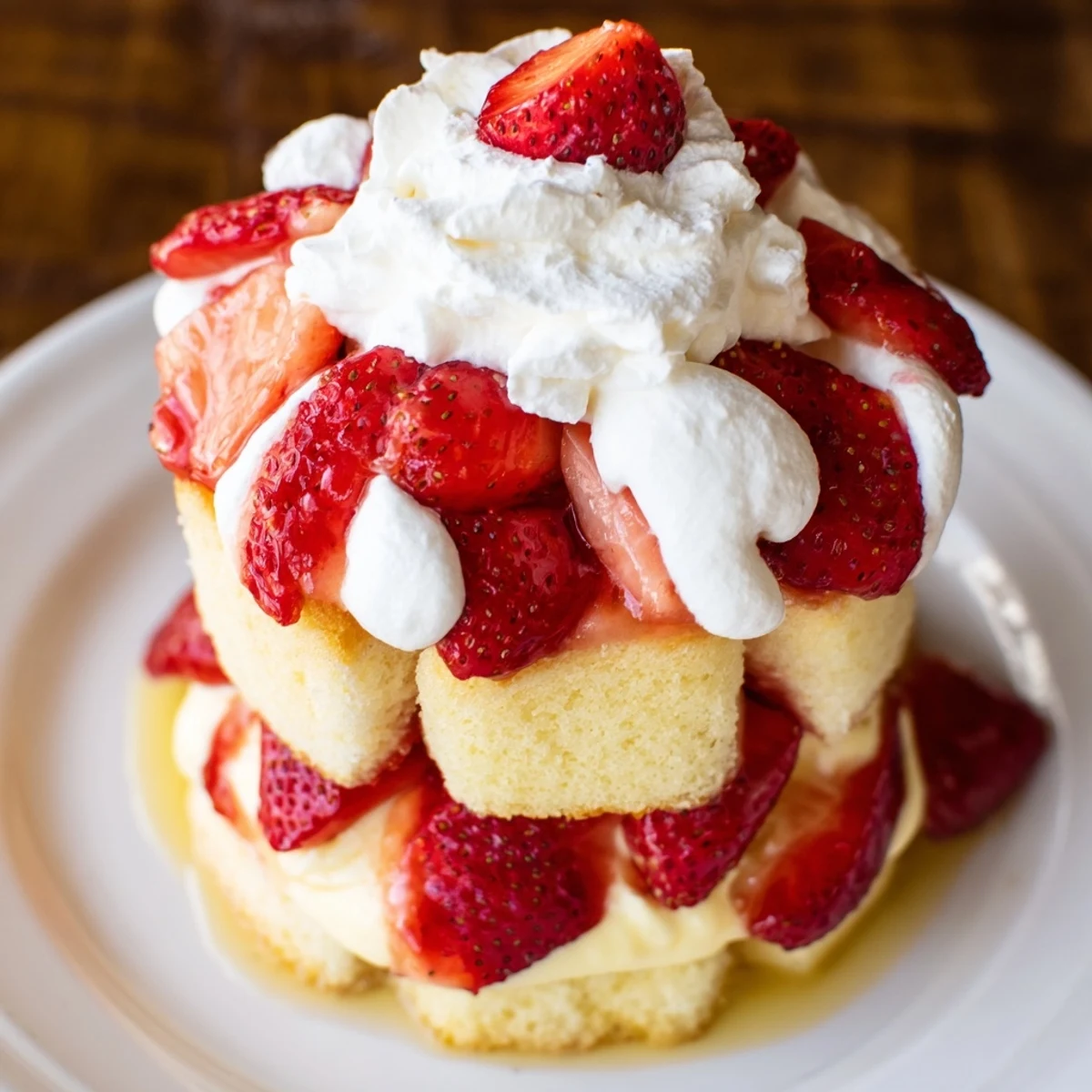 A close-up of Strawberry Shortcake Trifle with Custard shows golden shortcake cubes soaked in vanilla custard and juicy berries.