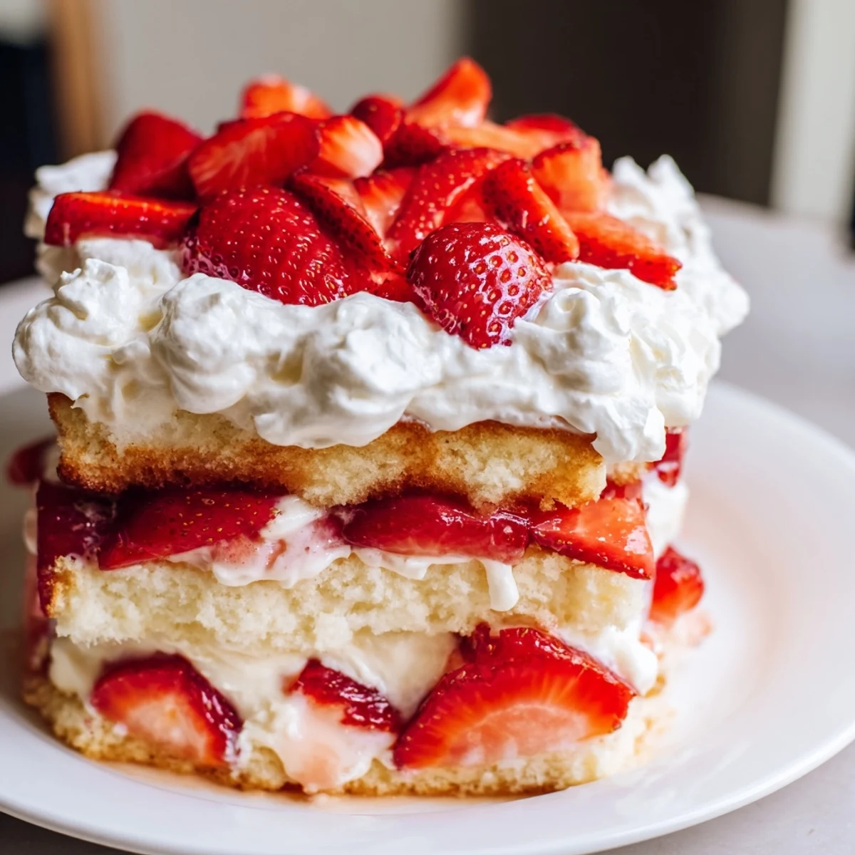 Served at a summer gathering, this Strawberry Shortcake Trifle with Custard features tall layers and a mint garnish on top.