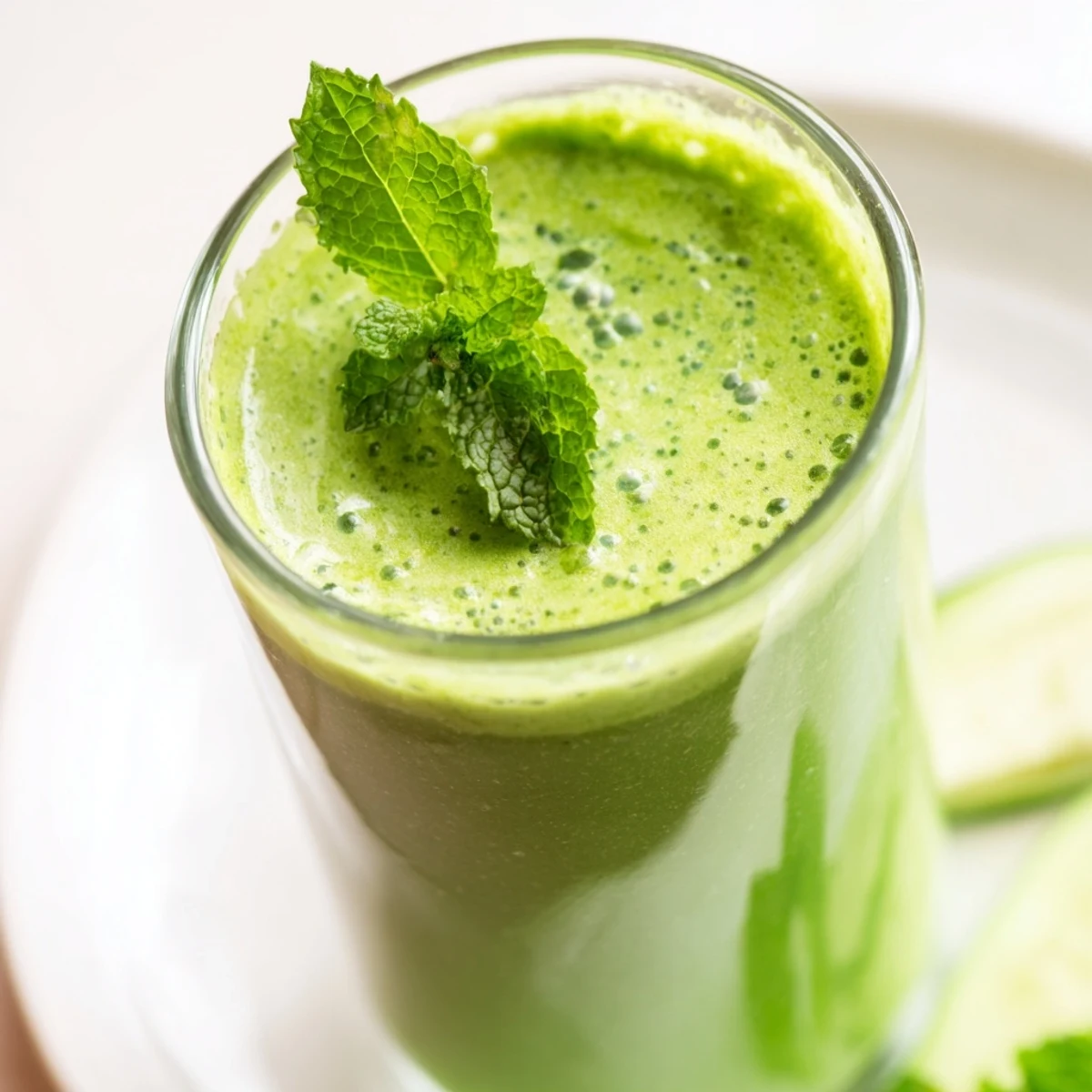 A bright glass of Green Detox Smoothie with Cucumber and Ginger, garnished with mint and a cucumber slice.