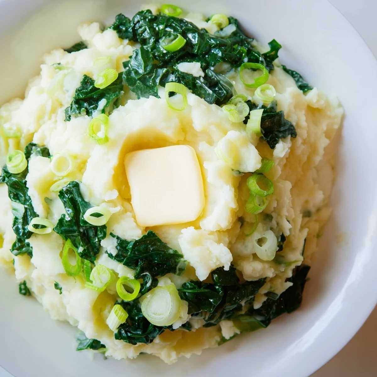 Creamy mashed Irish Colcannon with Kale and Butter is topped with a melting pat of butter next to fresh greens.