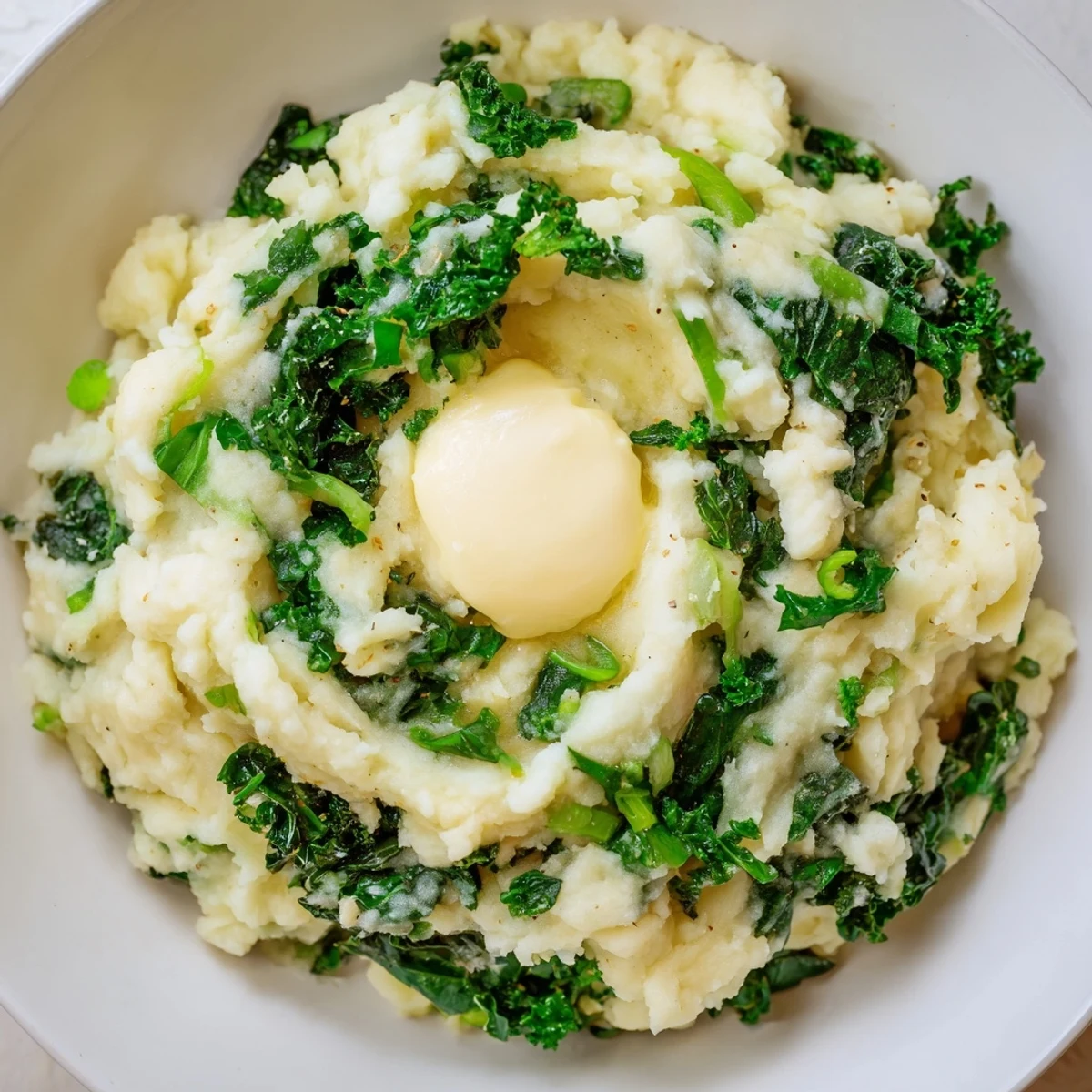 A close-up of fluffy Irish Colcannon with Kale and Butter, featuring vibrant green kale folded into smooth potatoes.