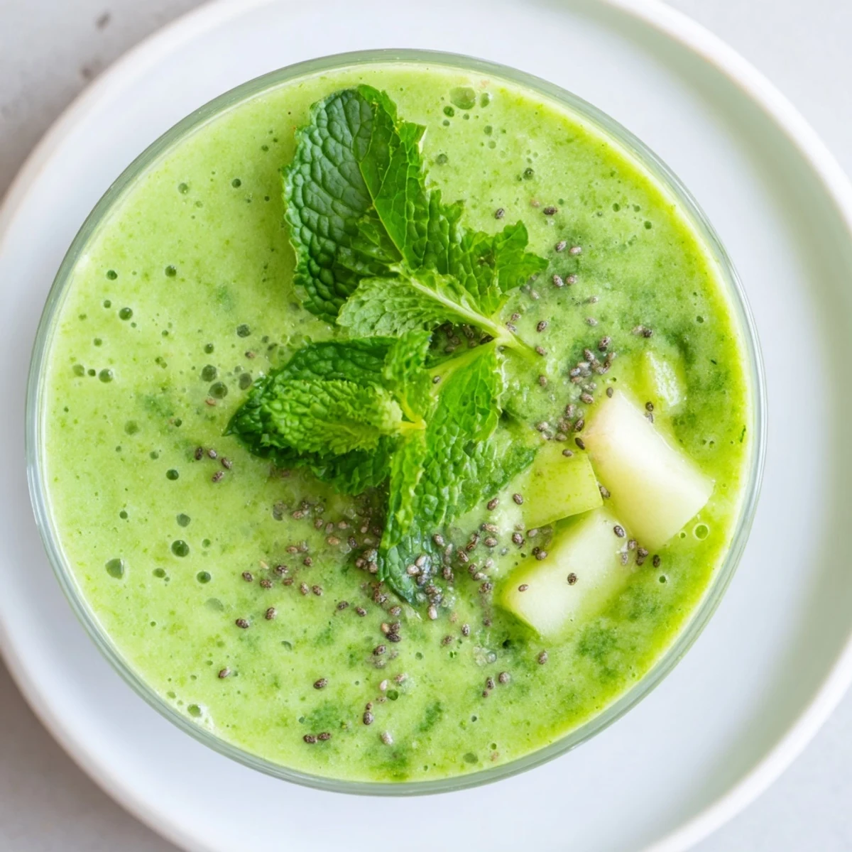 A tall glass of Green Detox Smoothie with Cucumber and Ginger glistening with mint, perfect for a healthy morning drink.