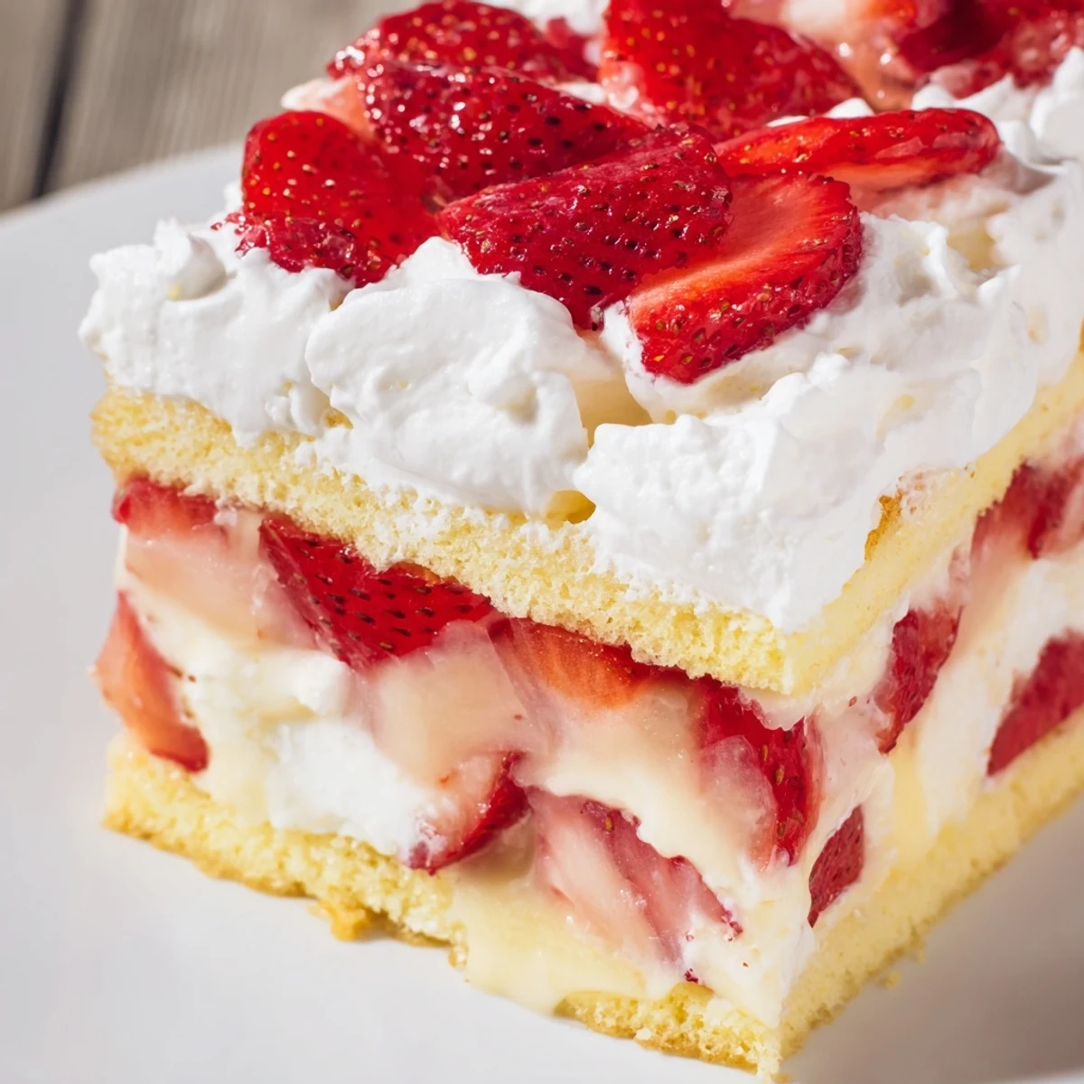 A close-up of Strawberry Shortcake Trifle with Custard layered with sponge cake, strawberries, and vanilla custard, topped with whipped cream.