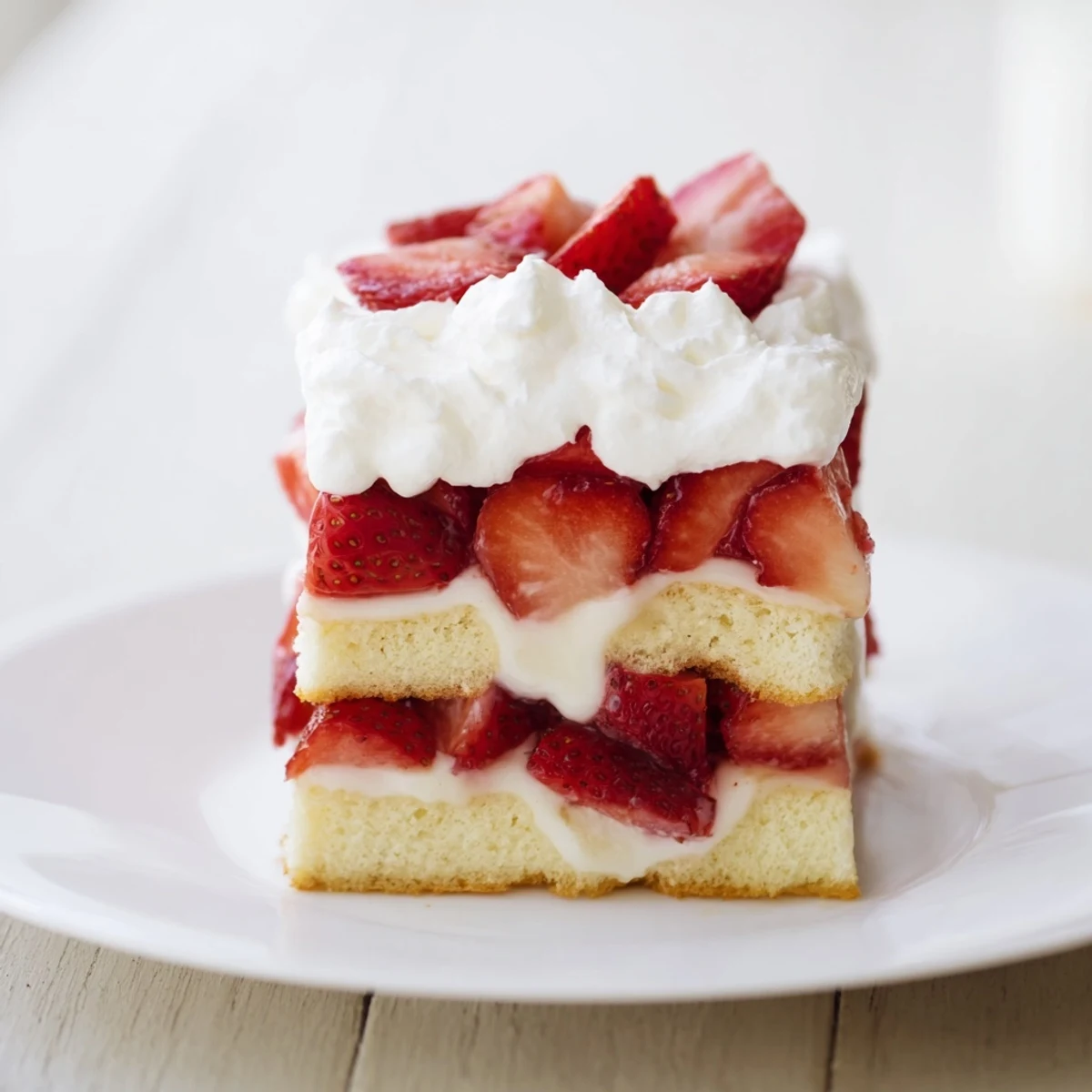 Overhead view of Strawberry Shortcake Trifle with Custard featuring fluffy cake, glazed strawberries, and creamy vanilla custard ready for a celebration.
