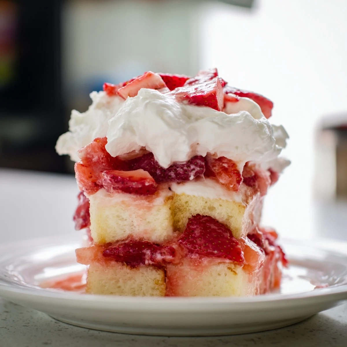 Strawberry Shortcake Trifle with Custard in a glass bowl showing juicy berries and custard beside a serving spoon for a summer gathering.
