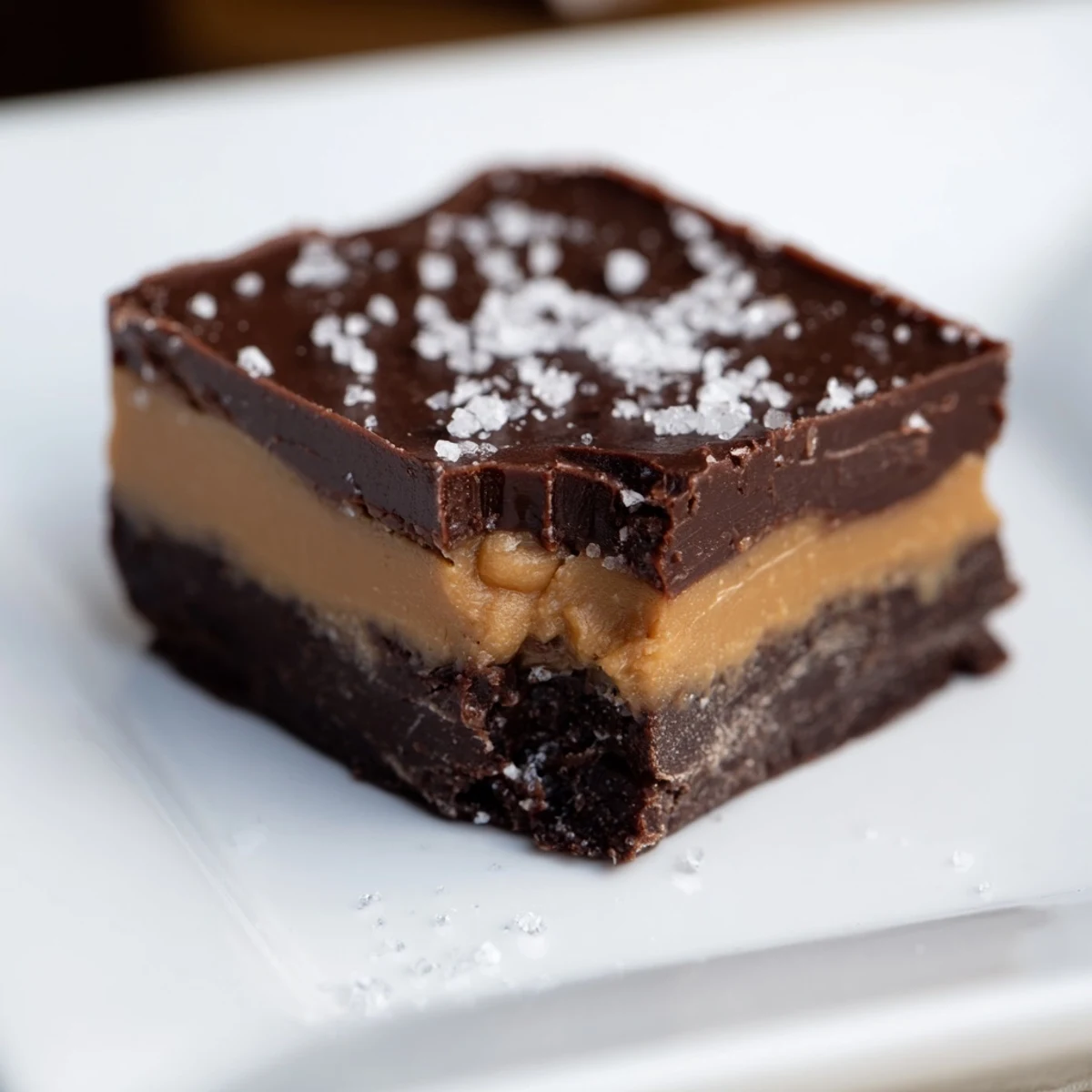 Perfectly set Chocolate Peanut Butter Fudge Squares displayed on a marble surface with a glass of milk.
