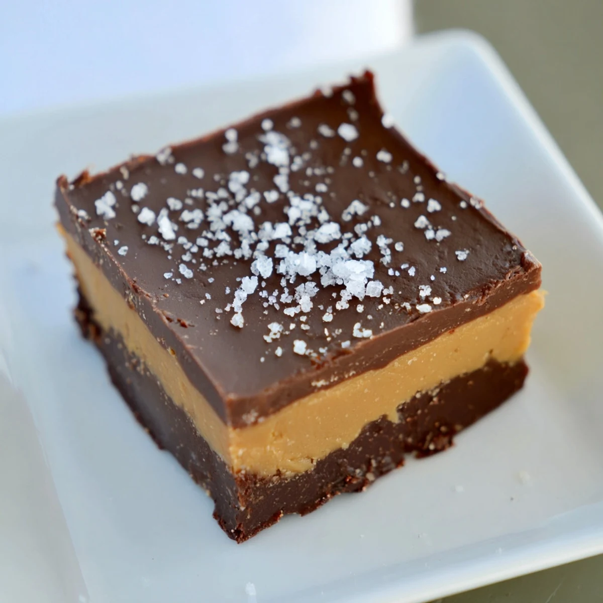 Fudgy squares of chocolate and peanut butter fudge stacked on a white plate for a sweet serving suggestion.