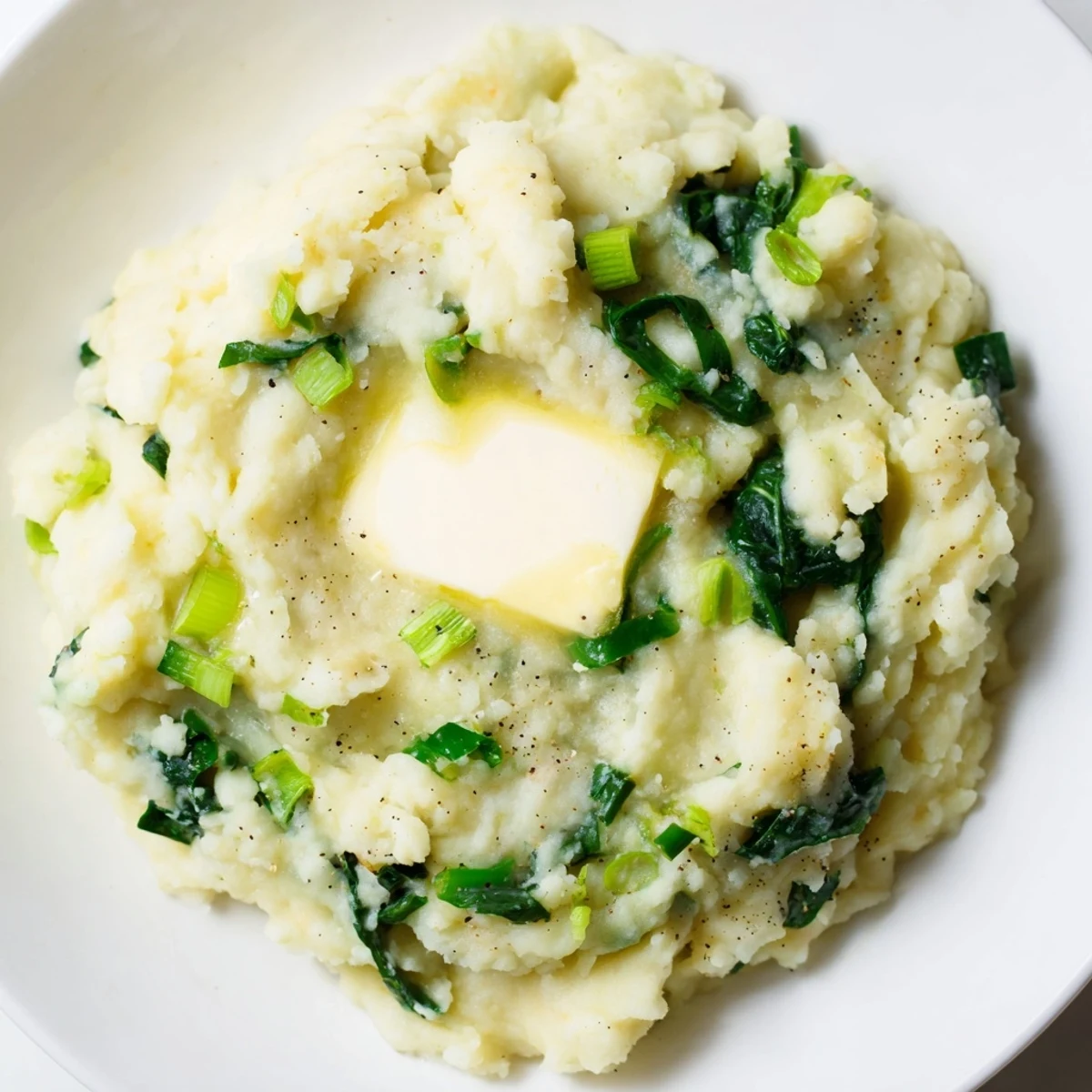 Comforting Irish Colcannon with Kale and Butter, garnished with scallions and a drizzle of melted butter for a cozy side.