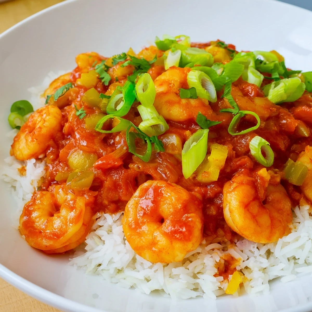 In a festive serving bowl, Mardi Gras Shrimp Creole with Rice is garnished with vibrant green onions and parsley, highlighting the hearty Louisiana-inspired main dish.