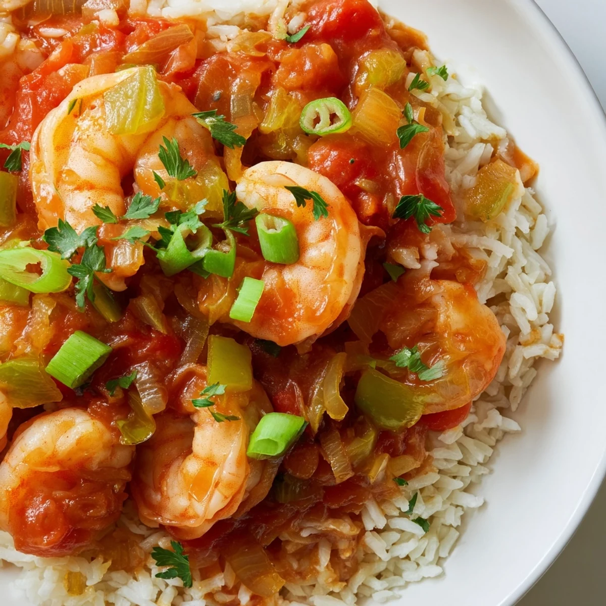 A close-up photo of Mardi Gras Shrimp Creole with Rice, where plump pink shrimp are nestled in a rich, crimson Creole sauce atop a mound of fluffy white rice.