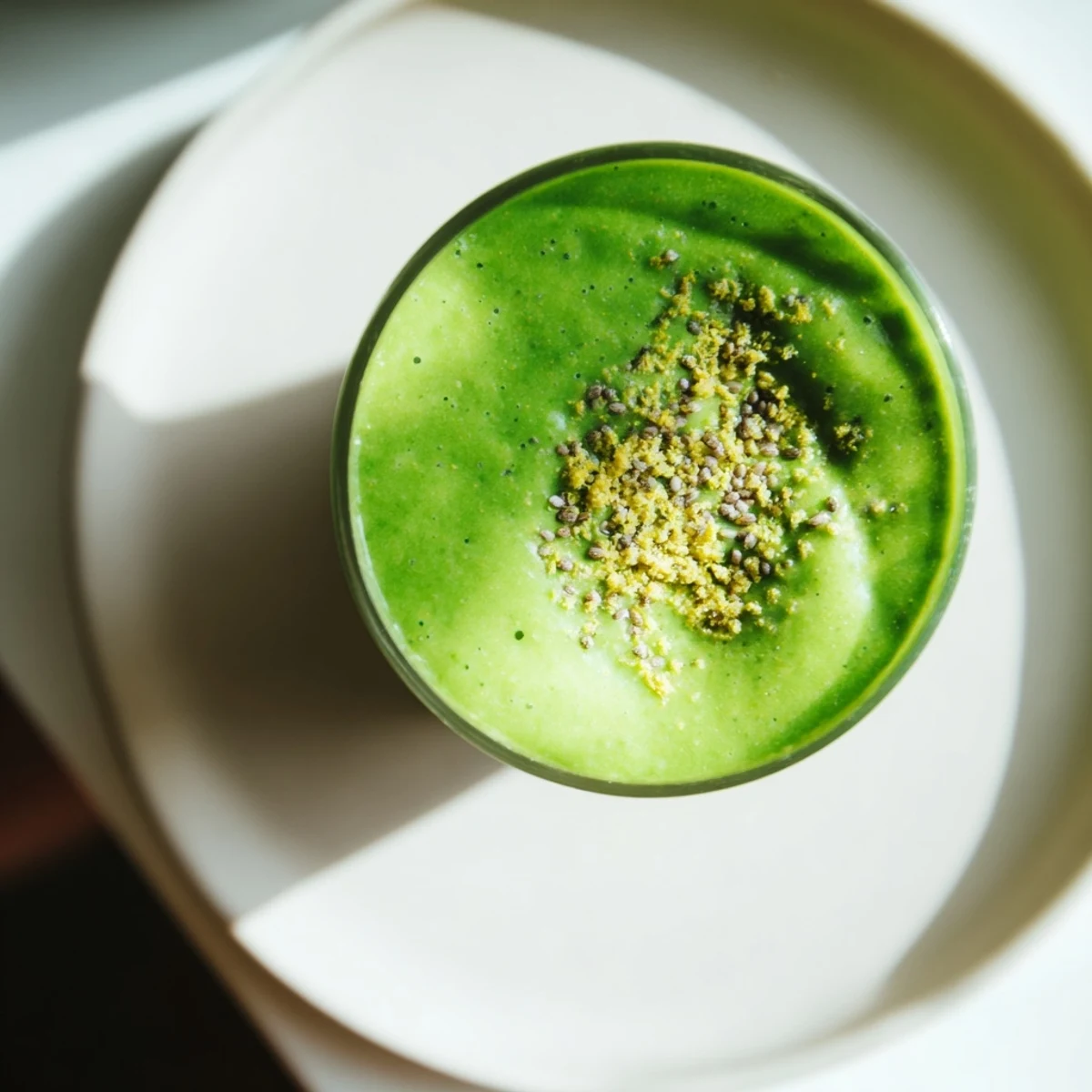 Green Detox Smoothie with Ginger topped with a slice of fresh ginger, served beside kale leaves on a wooden table.