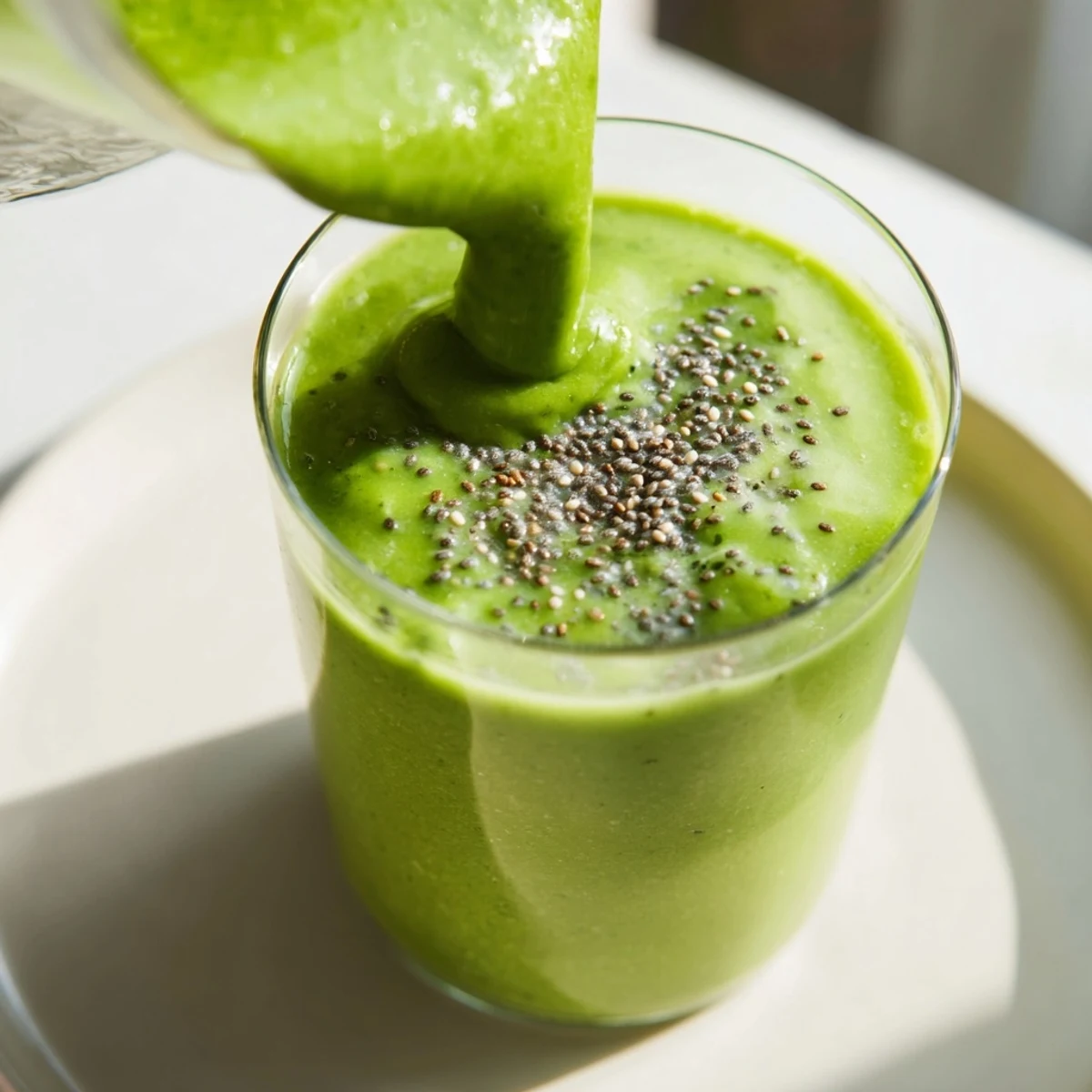 Vibrant Green Detox Smoothie with Ginger blended to a creamy texture, set on a bright kitchen counter with morning light.