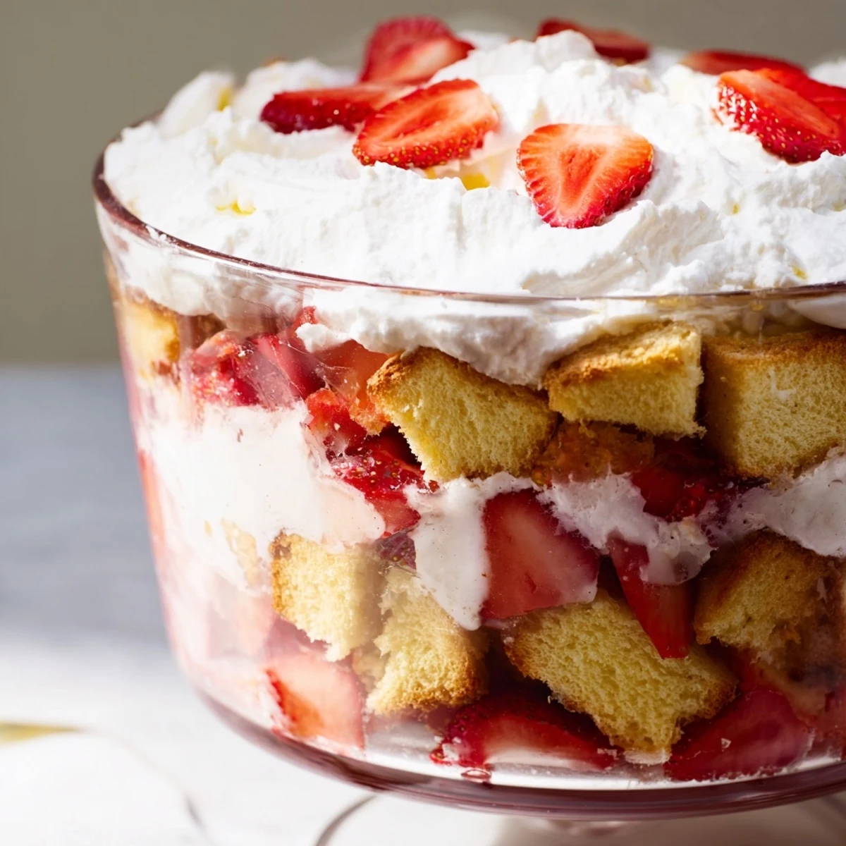 Overhead view of Strawberry Shortcake Trifle dessert with macerated strawberries, tender biscuits, and billowy whipped cream topping.