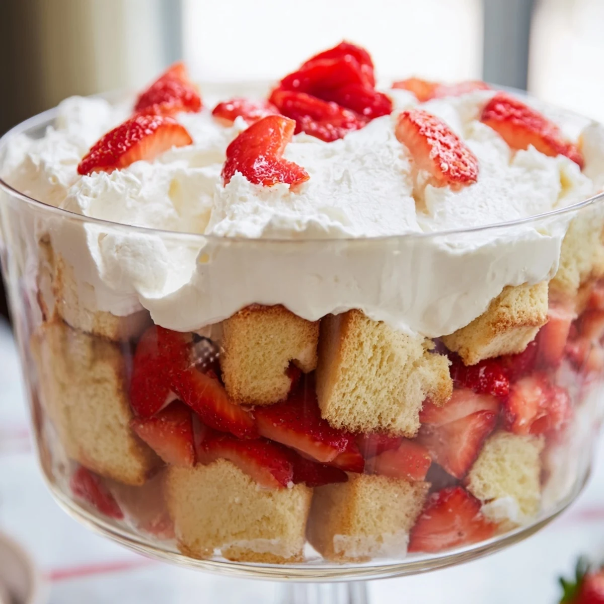 Glass trifle bowl layered with fresh sliced strawberries, homemade shortcake cubes, and fluffy whipped cream for Strawberry Shortcake Trifle.