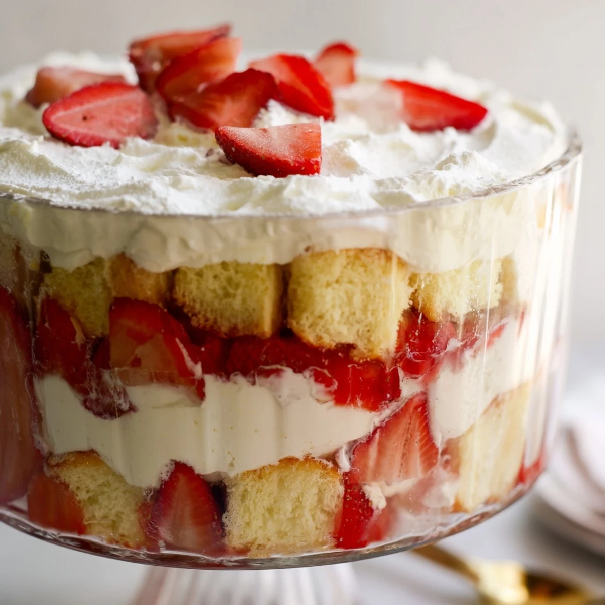 A serving spoon dips into Strawberry Shortcake Trifle revealing layers of juicy strawberries, soft shortcake, and sweet vanilla whipped cream.