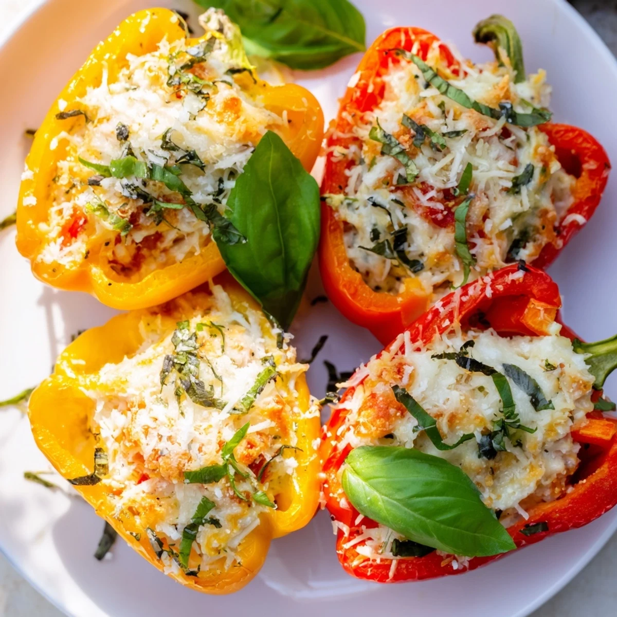 Close-up of creamy ricotta stuffed peppers revealing herb-flecked filling and tender bell pepper halves on a rustic table.