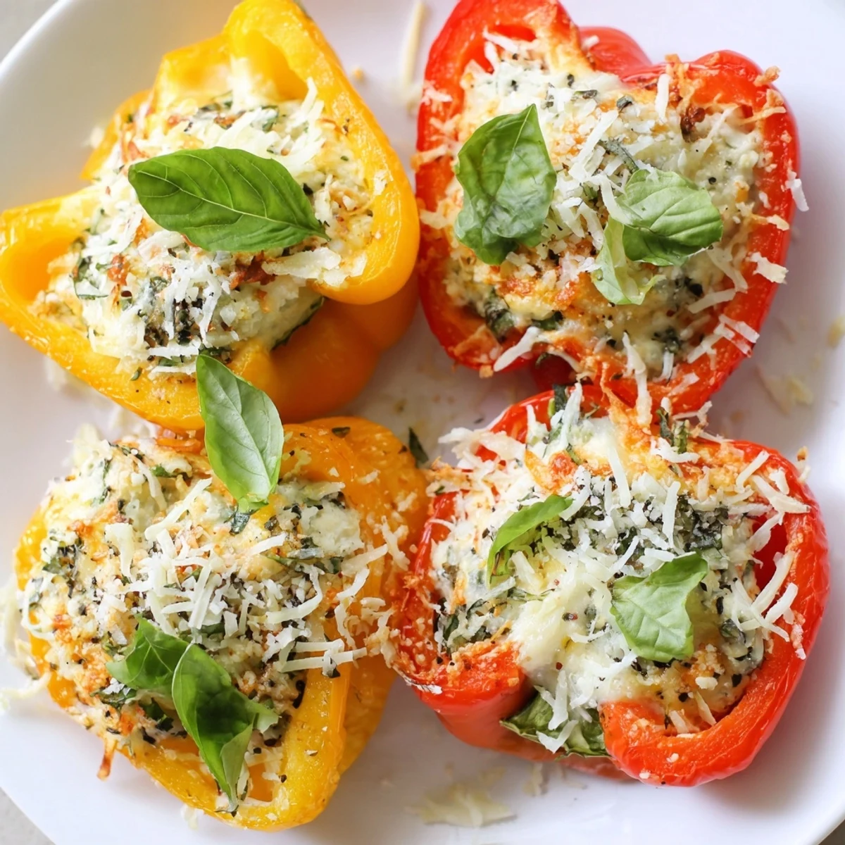 Golden-baked ricotta stuffed peppers with bubbly mozzarella and fresh basil garnish, served warm in a ceramic dish.