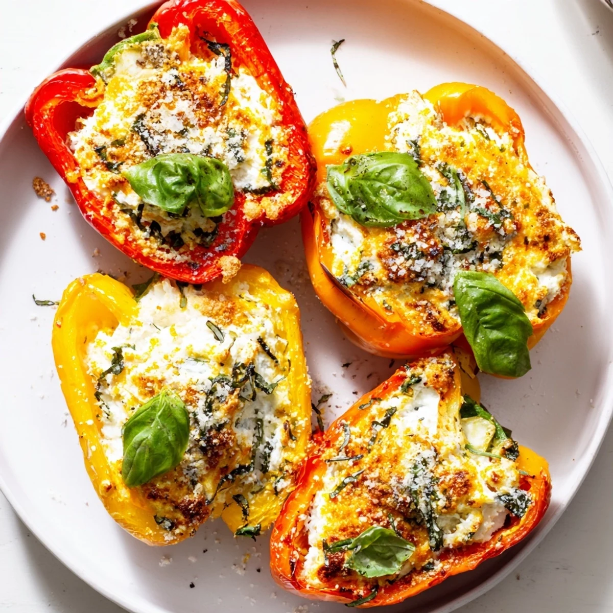 Vibrant Italian ricotta stuffed peppers fresh from the oven, garnished with basil and paired with a simple green salad.