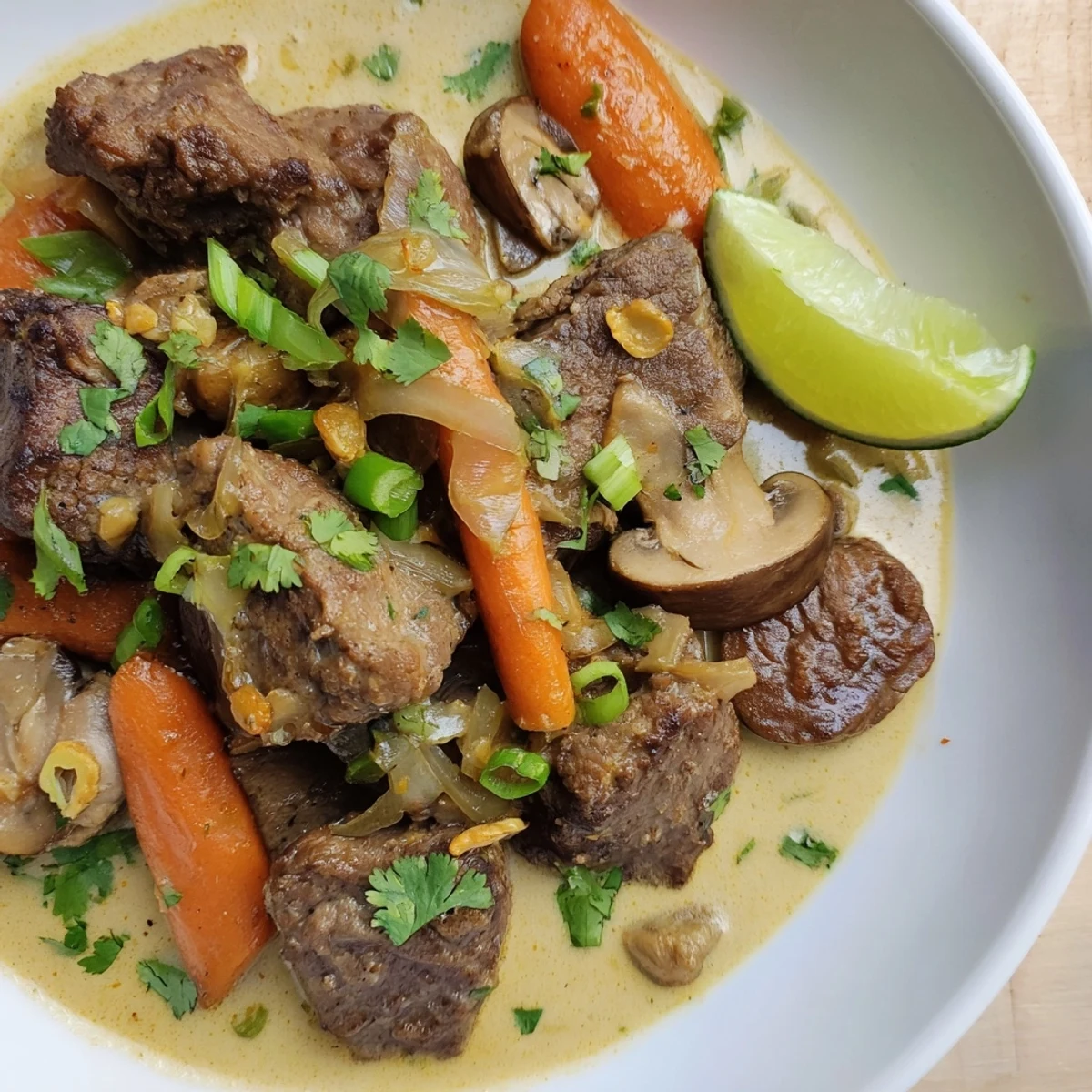 Golden, tender beef chunks and sliced mushrooms glisten in a creamy coconut sauce with flecks of fresh cilantro and lime wedges.  