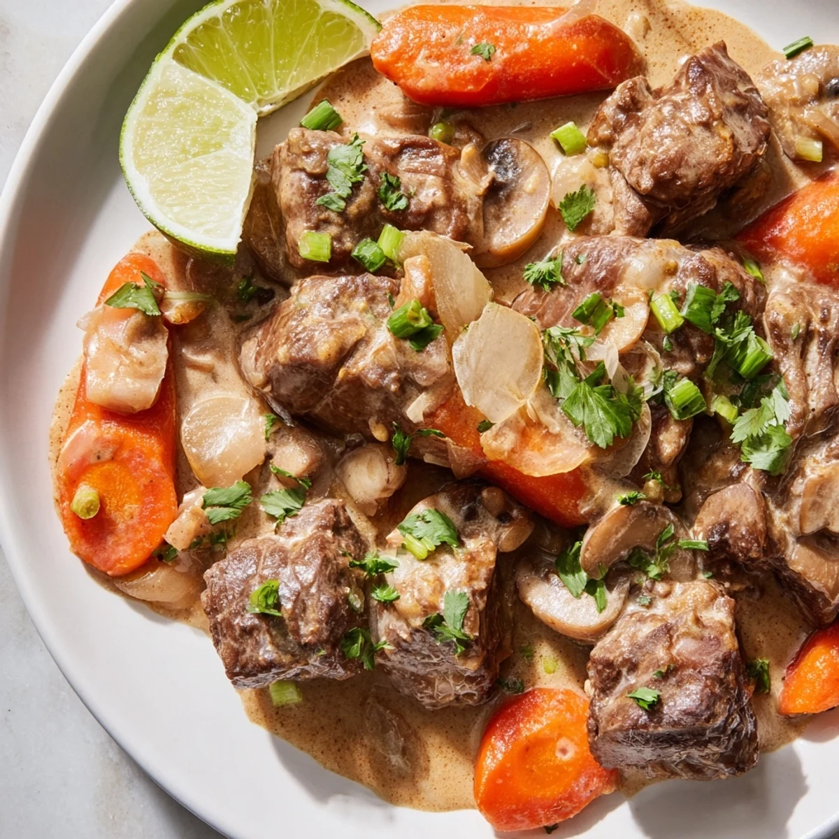 A top-down view of Lemongrass Coconut Braised Beef with Mushrooms served in a rustic bowl beside fluffy jasmine rice.  