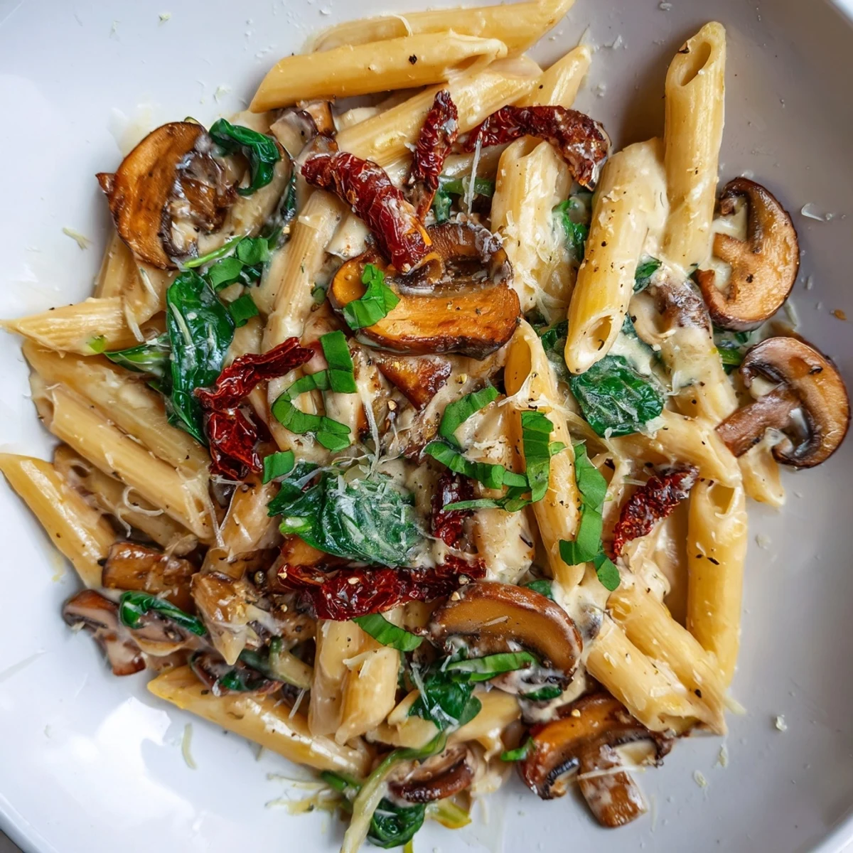 Creamy Tuscan Mushroom Pasta Skillet with sautéed mushrooms and spinach in a rich Parmesan sauce.