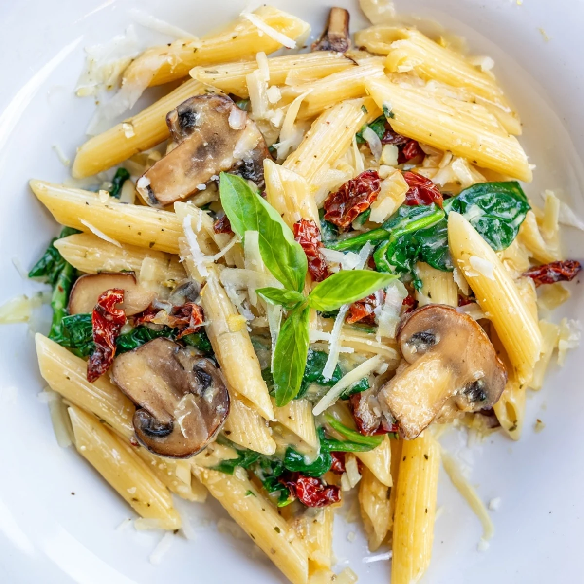 Serve this Creamy Tuscan Mushroom Pasta Skillet with crusty bread and extra Parmesan for dinner.
