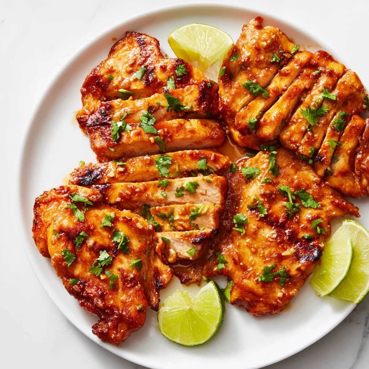Grilled Spicy Honey Lime Chicken breasts rest on a white plate, garnished with cilantro and lime wedges.  