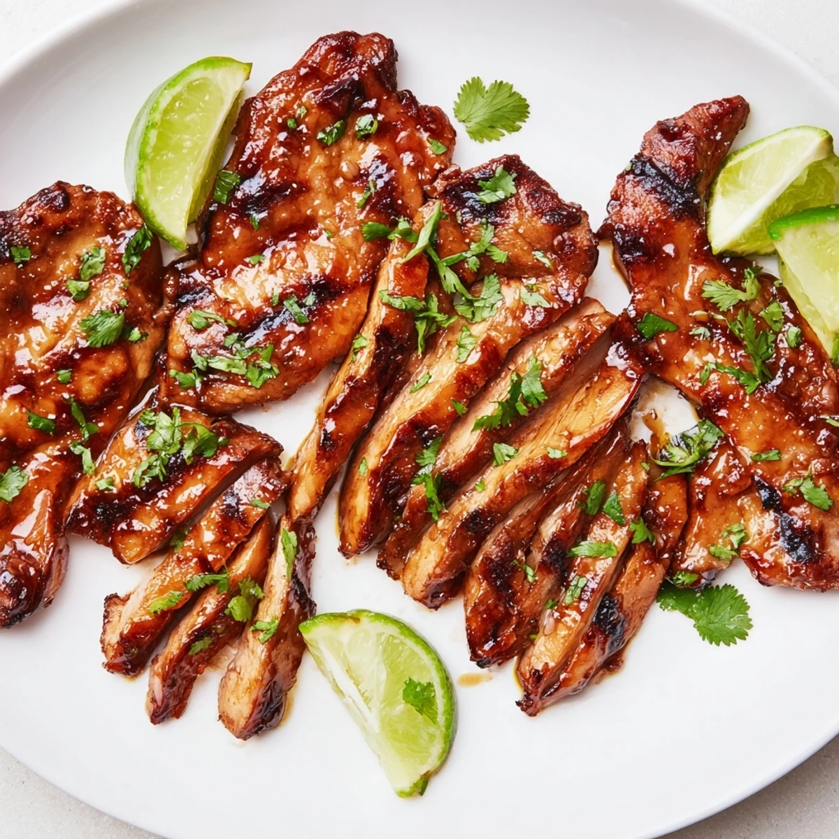 Spicy Honey Lime Chicken thighs charred on grill marks served alongside steamed rice and vegetables.  