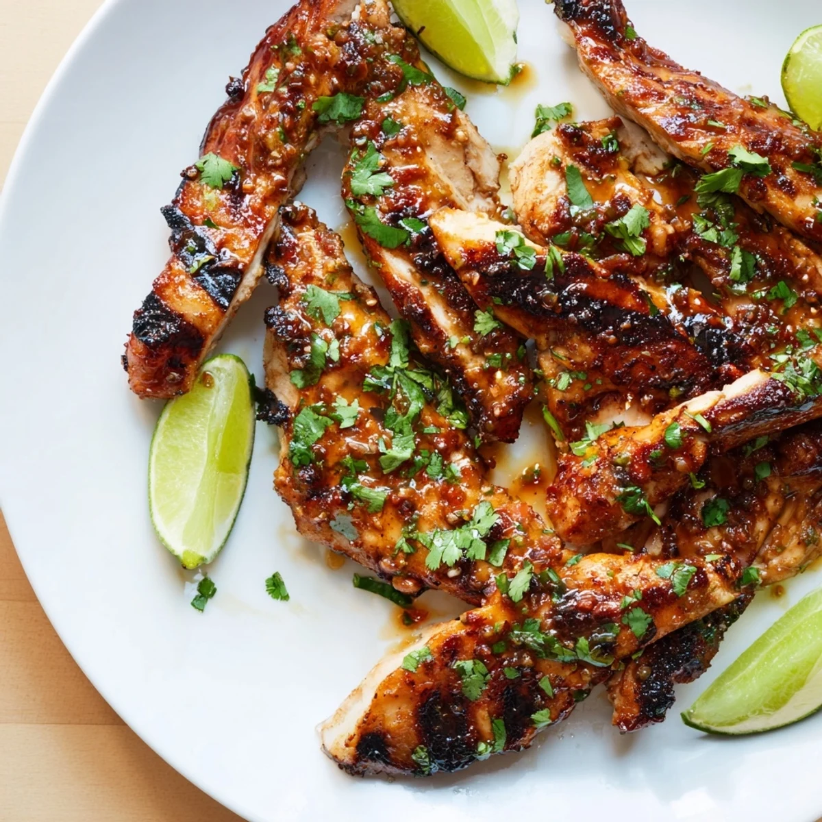 Sliced Spicy Honey Lime Chicken reveals juicy interior with honey-lime glaze on a rustic wooden board.