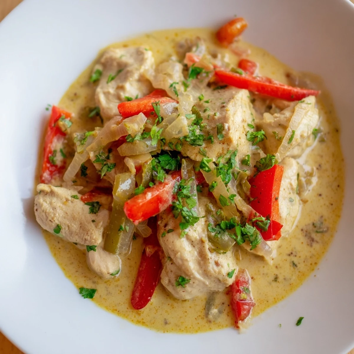 Tender chicken pieces simmer in creamy Brazilian Coconut Chicken, with vibrant red and green peppers in a fragrant coconut sauce.