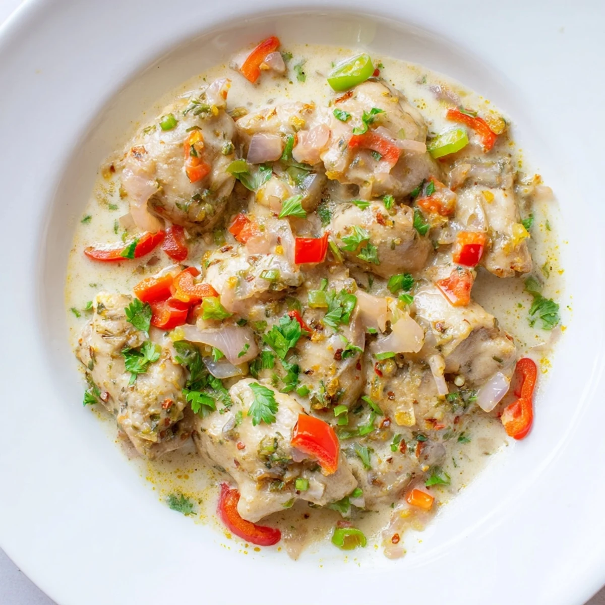 Hearty Brazilian Coconut Chicken in a rich, aromatic sauce, showing golden seared chicken and colorful vegetables in a skillet.