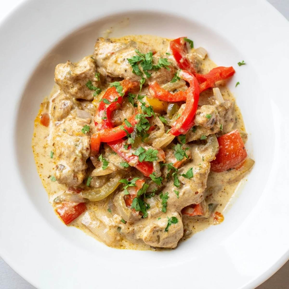 Close-up of Brazilian Coconut Chicken served in a rustic bowl, garnished with fresh cilantro, alongside steamed white rice and lime wedges.