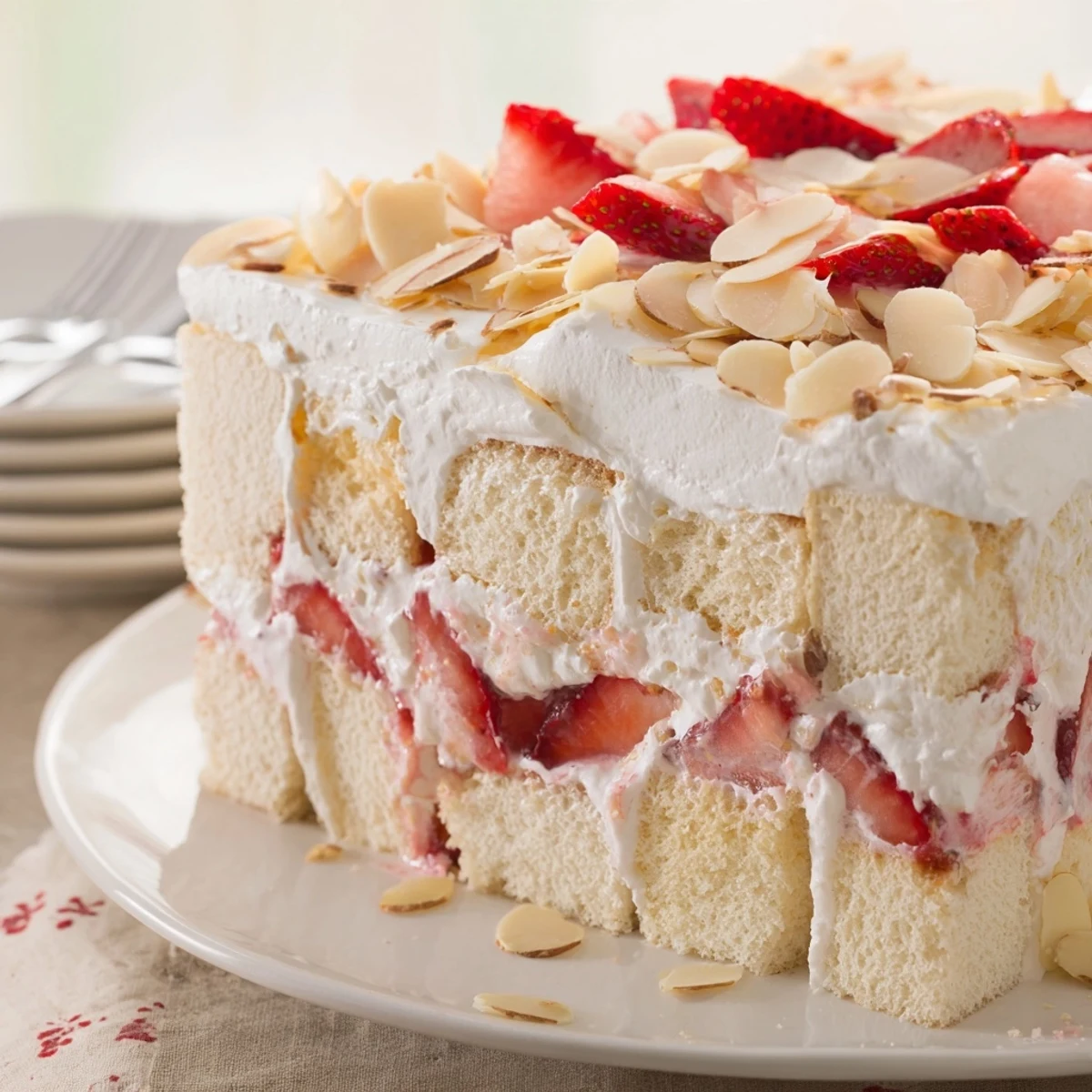Heaven on Earth Cake dessert with creamy vanilla layers, fresh strawberry slices, and crunchy almonds in a glass dish.