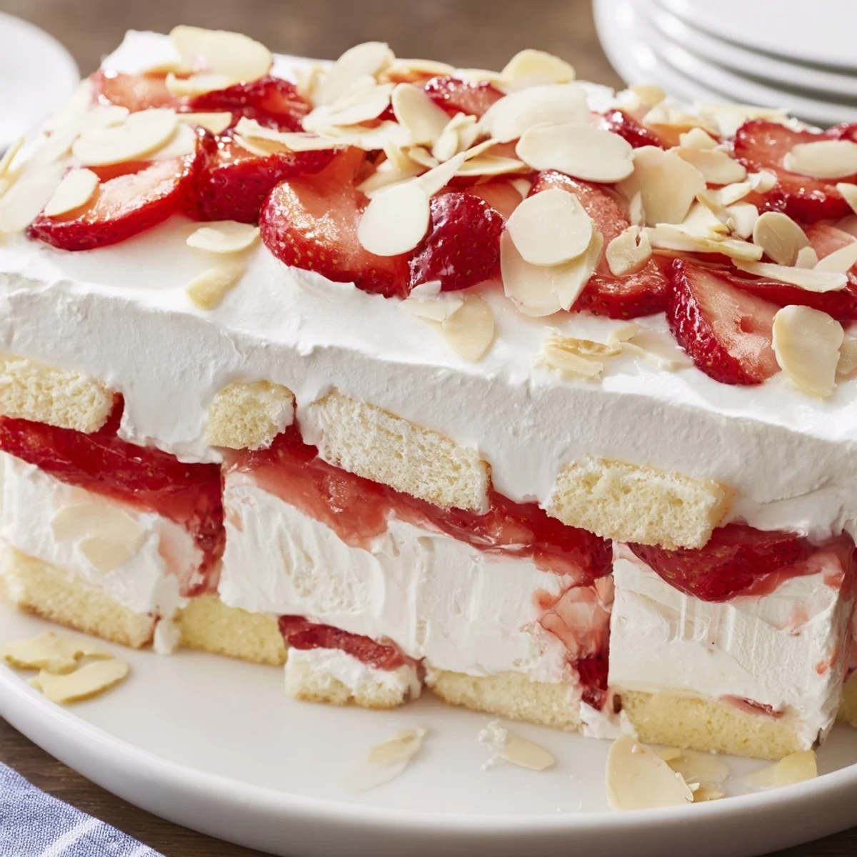 Serving chilled Heaven on Earth Cake with fluffy angel food cake, smooth pudding, and sweet strawberry filling at a summer potluck.