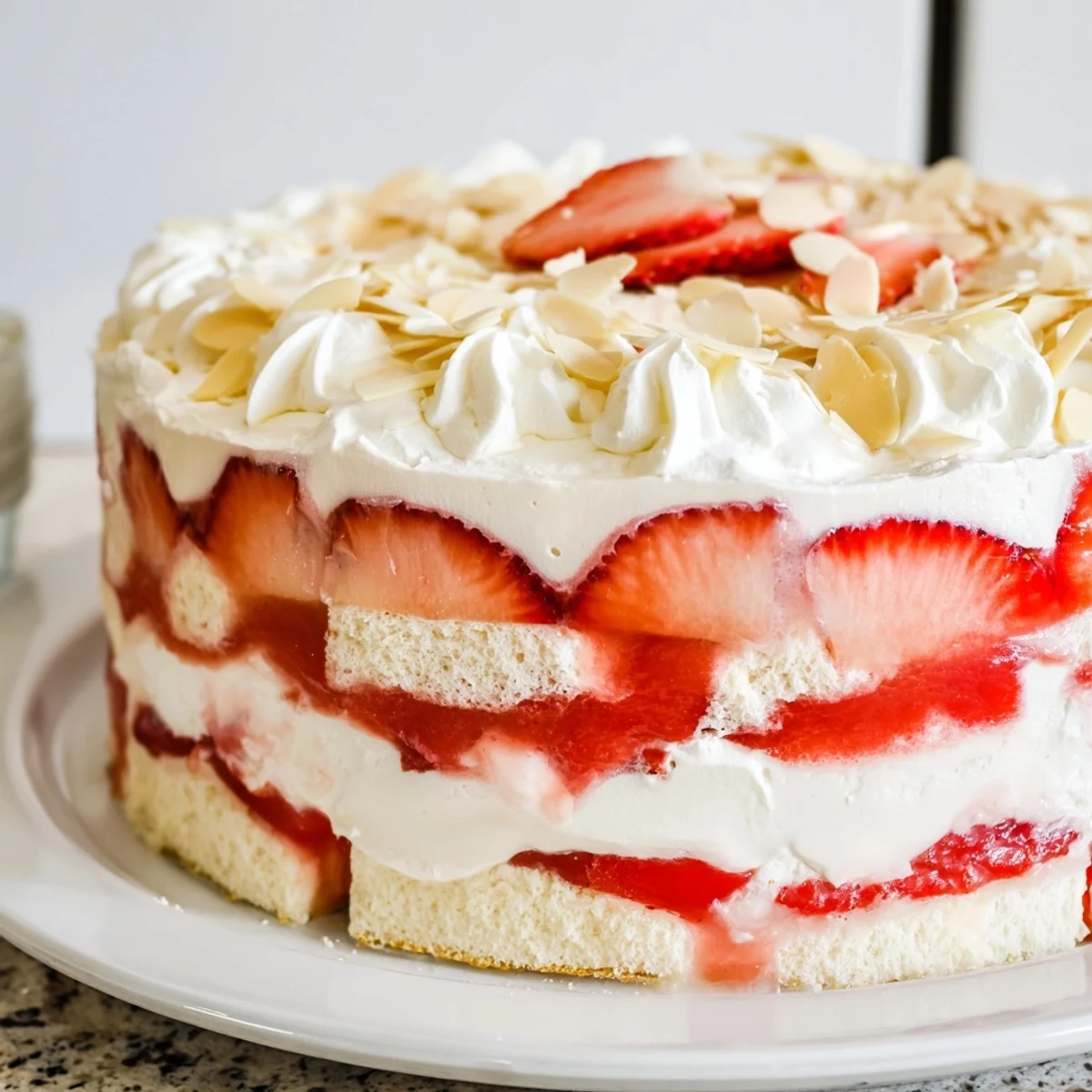 A close-up of Heaven on Earth Cake showing glossy strawberry topping, whipped cream, and soft cake cubes perfect for a picnic.