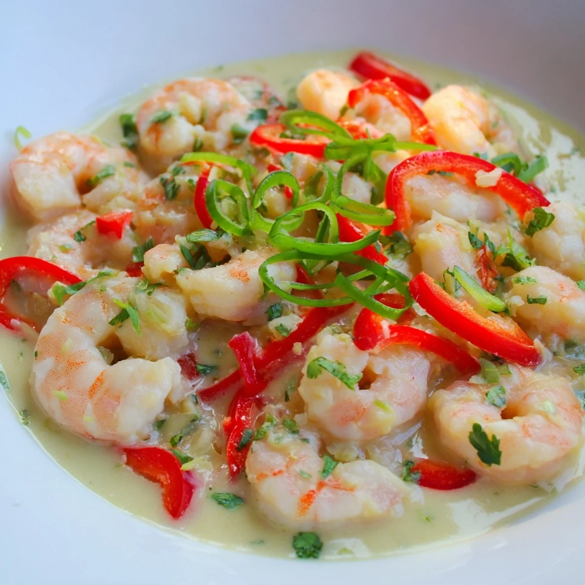 Skillet of Garlic Shrimp in Coconut Milk simmering in creamy sauce with red bell pepper and aromatic garlic.