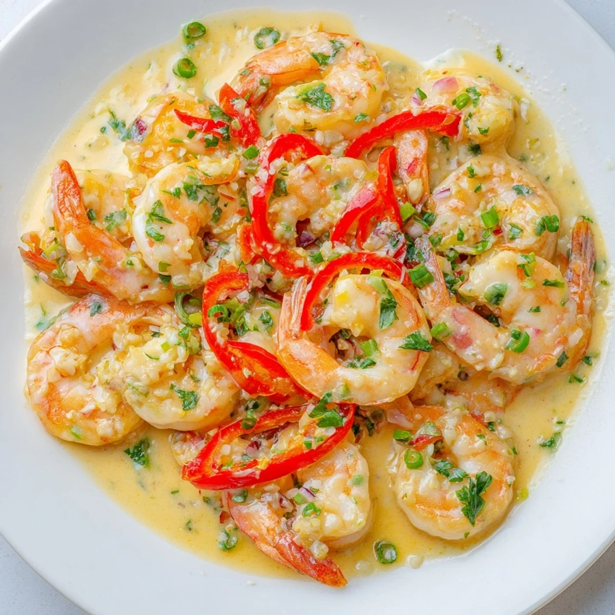Vibrant Garlic Shrimp in Coconut Milk glistens in a shallow bowl, garnished with fresh cilantro and green onions.