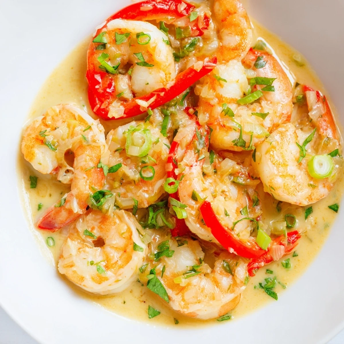 Serving suggestion of Garlic Shrimp in Coconut Milk over steamed rice with lime wedges for a tropical dinner.